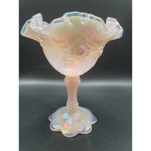 Vintage Fenton Glass Cabbage Rose Pink Iridescent Compote 6" tall